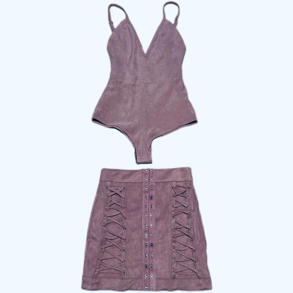 BNWT Oh Polly Turn of the Tied Suede Mini skirt & bodysuit in Mauve - Picture 8 of 8